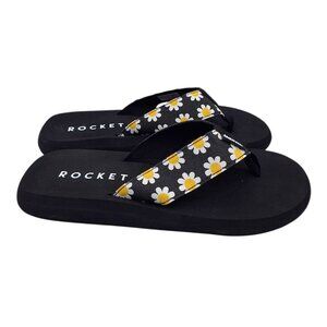 Rocket Dog NIB Daisy Field Cotton Black Retro Flip Flops SZ 8